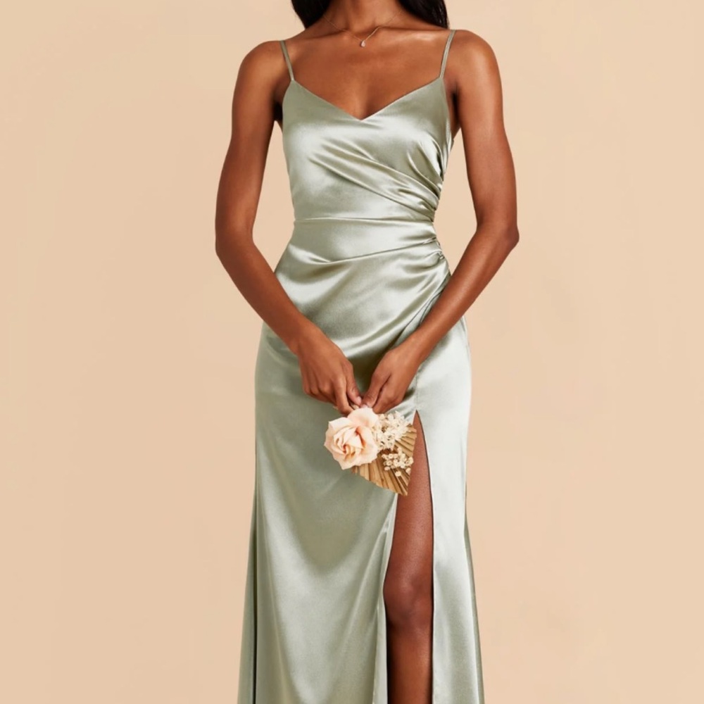 Birdy Grey Satin Sage Ruched Bridesmaid Dress